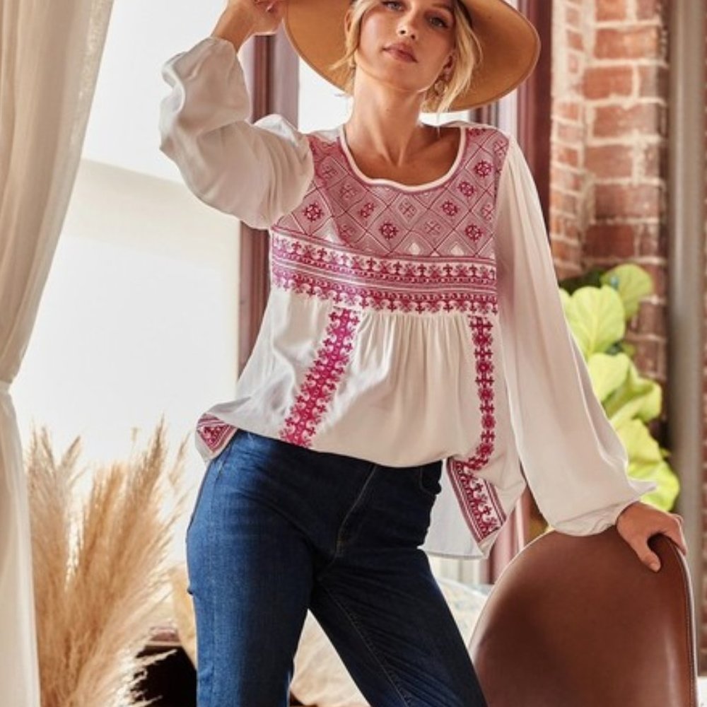 NWT boho western Pink Embroidery Boho Top